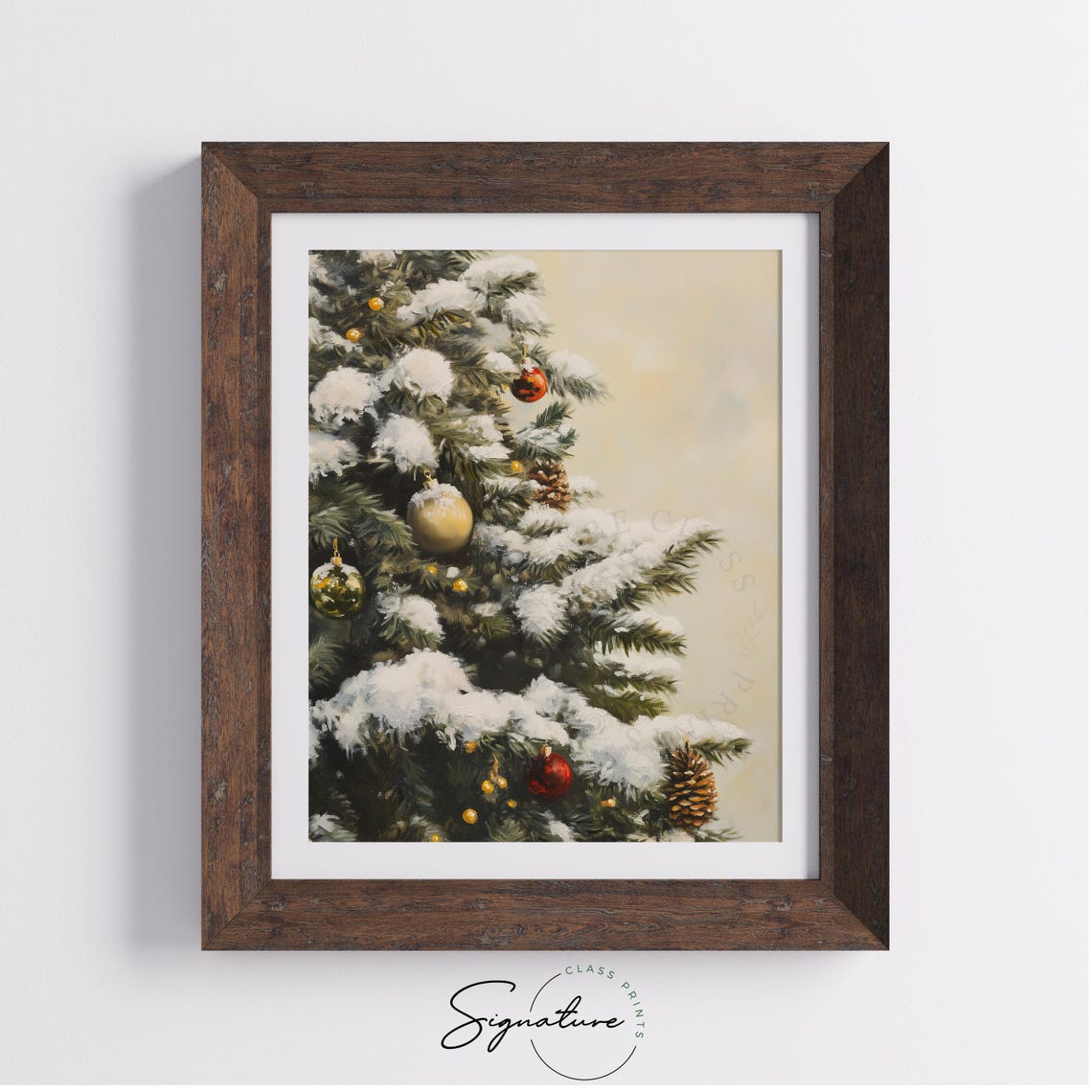 Snow Covered Christmas Tree with Red and Gold Ornaments Poster - Image 3