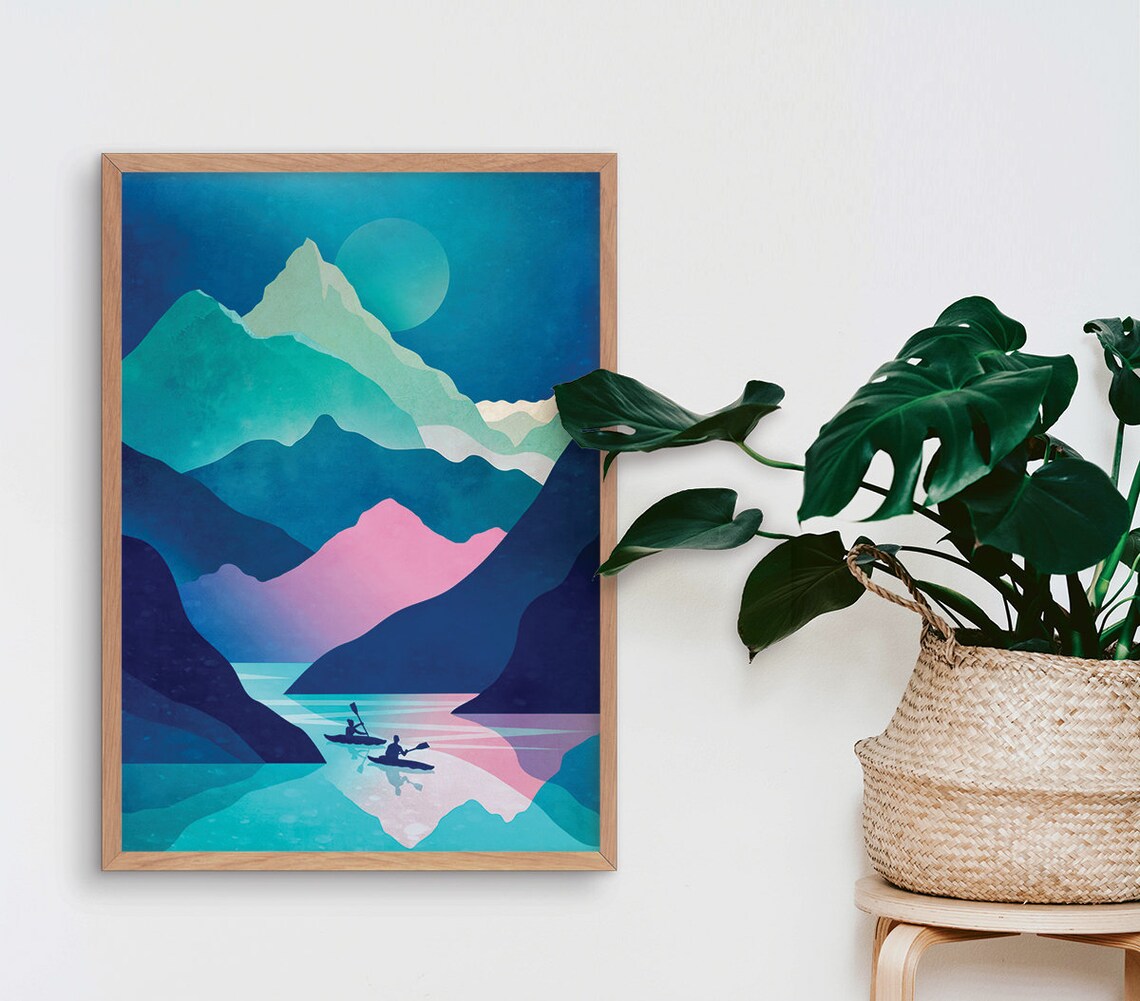Kayaking Art Print, Lake and Mountains Landscape - Image 4