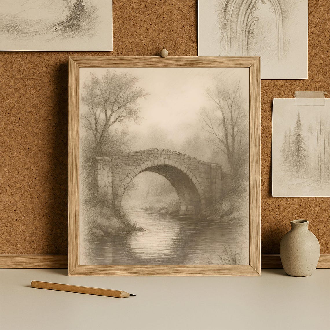 Old Stone Arch Bridge Over River Vintage Pencil Sketch Poster