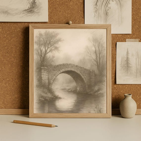 Vintage Stone Bridge Pencil Sketch Tranquil River Landscape Drawing Rustic Countryside Wall Art Peaceful Nature Decor