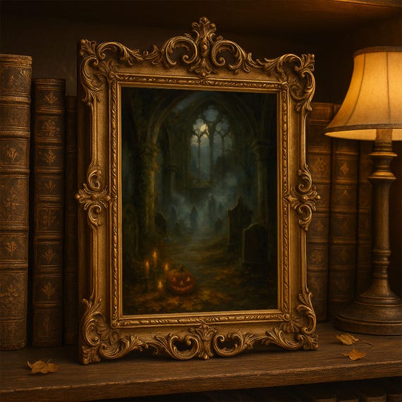 Haunted Ruins Halloween Wall Art Gothic Church Oil Painting Spooky Graveyard Dark House Decor