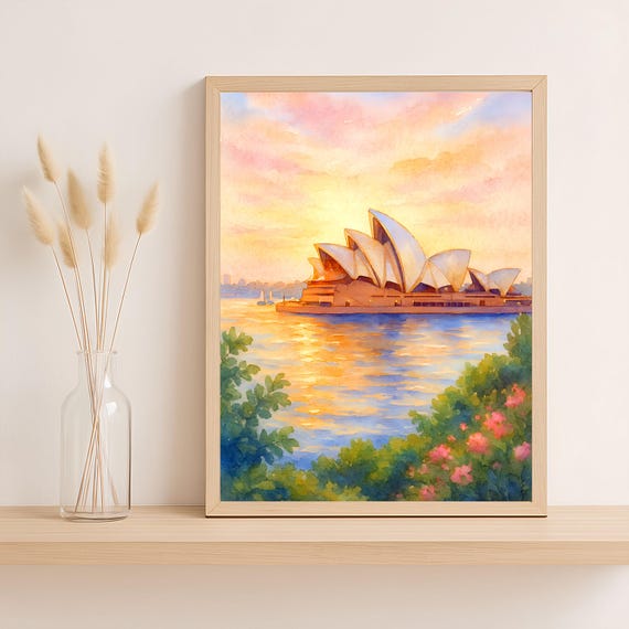 Sydney Opera House Watercolor Print Romantic Sunset Wall Art Iconic Australian Landmark Botanical Coastal Decor