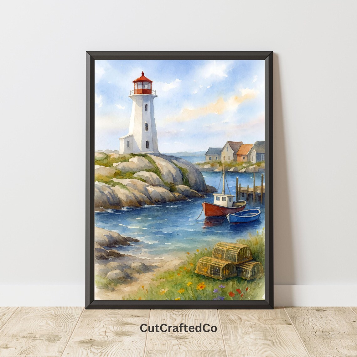 Peggy's Cove Lighthouse Watercolor Fishing Boats Nova Scotia Poster