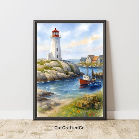 Peggys Cove Lighthouse Wall Art Print Nova Scotia Coastal Watercolor Canada Seaside Decor Fishing Village Png