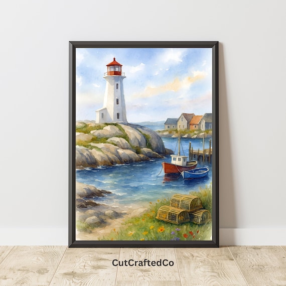 Peggy's Cove Lighthouse Watercolor Fishing Boats Nova Scotia Poster