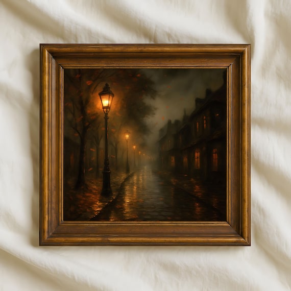 Moody Autumn Street Wall Art Gothic Fall Cityscape Painting Cozy Lanterns Leaves Dark Romantic For Halloween Decor
