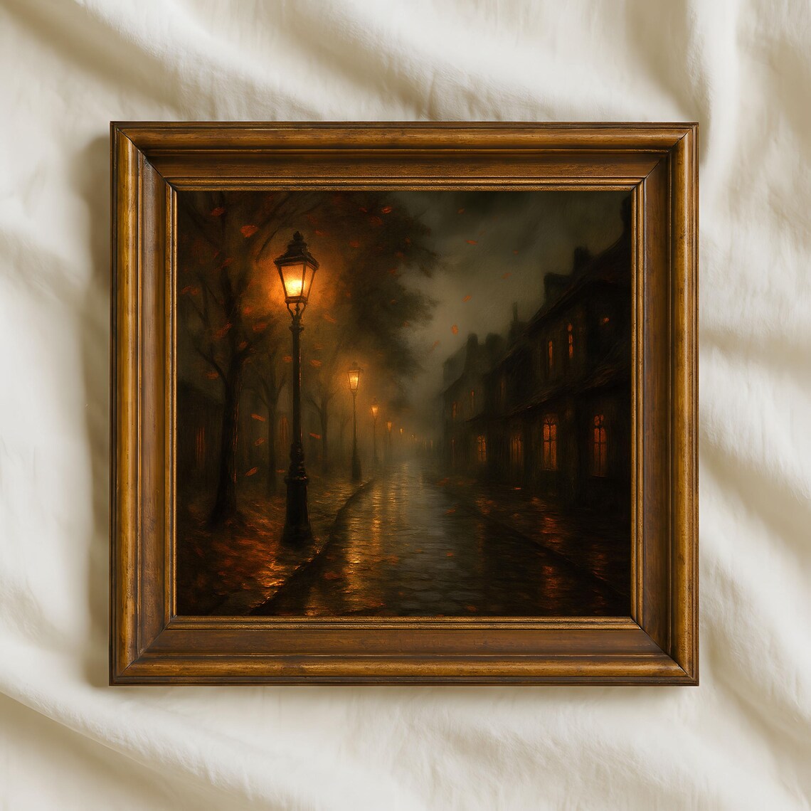 Gaslit Street Autumn Rain Night Moody Victorian Oil Painting Poster