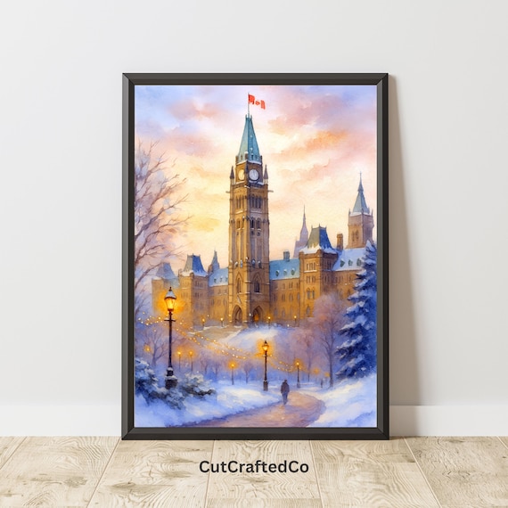 Canadian Ottawa Parliament Winter Snow Sunset Watercolor Poster