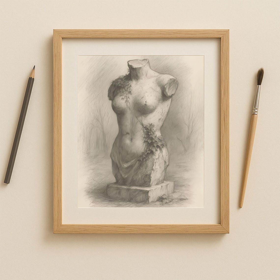Female Torso Sketch Vintage Sculpture Pencil Drawing