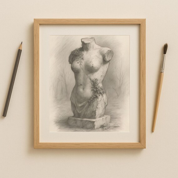 Classical Female Torso Statue Pencil Sketch Vintage Sculpture Poster