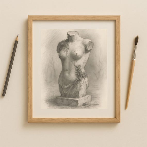 Female Torso Sketch Vintage Sculpture Pencil Drawing