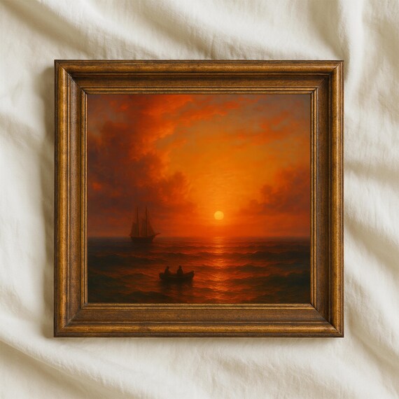 Fiery Red Sunset Ocean Sailboat Rowboat Silhouette Painting Poster
