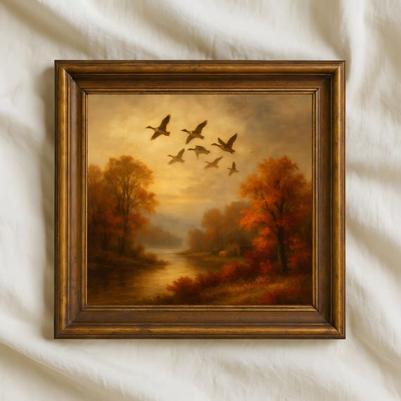 Autumn Geese Oil Painting Rustic Fall Wall Art Vintage Countryside River Scene Nature Bird Farmhouse Dcor Print