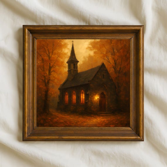 Autumn Chapel Oil Painting Rustic Church Wall Art Fall Forest Leaves Print For Cozy Seasonal Decor