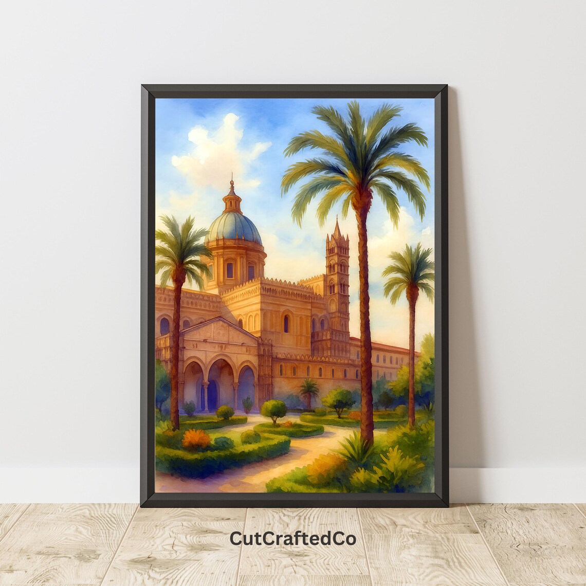 Historic Domed Cathedral Palm Trees Italy Watercolor Art Poster