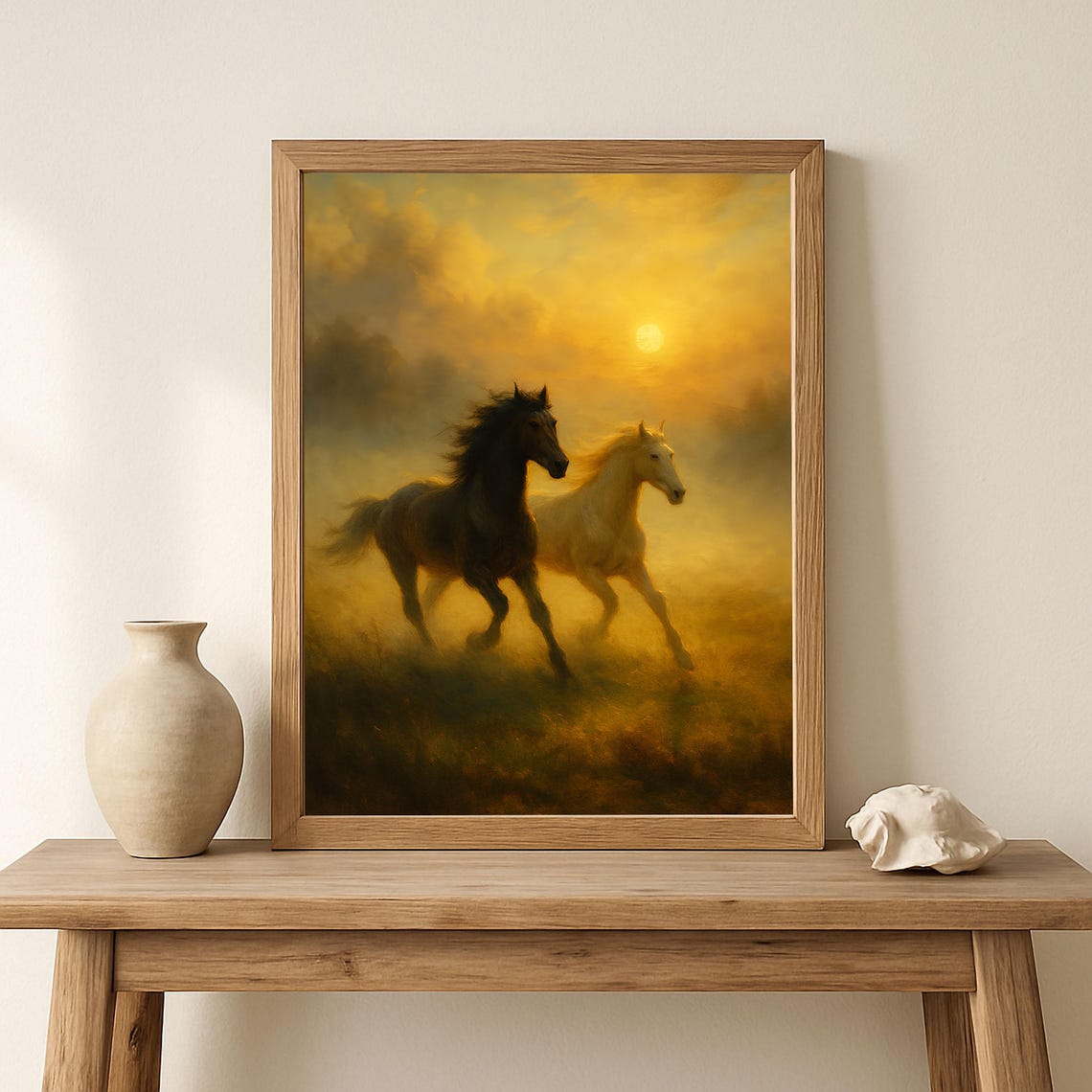 Two Running Horses at Golden Sunset Vintage Oil Style Poster