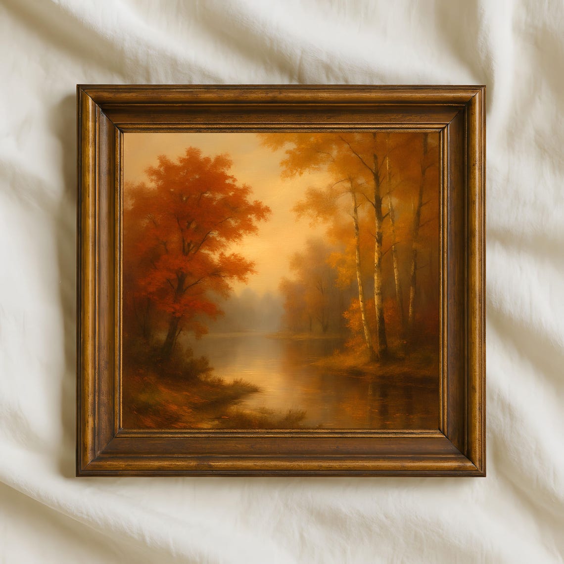 Misty Autumn River Orange Trees Golden Peaceful Landscape Wall Print