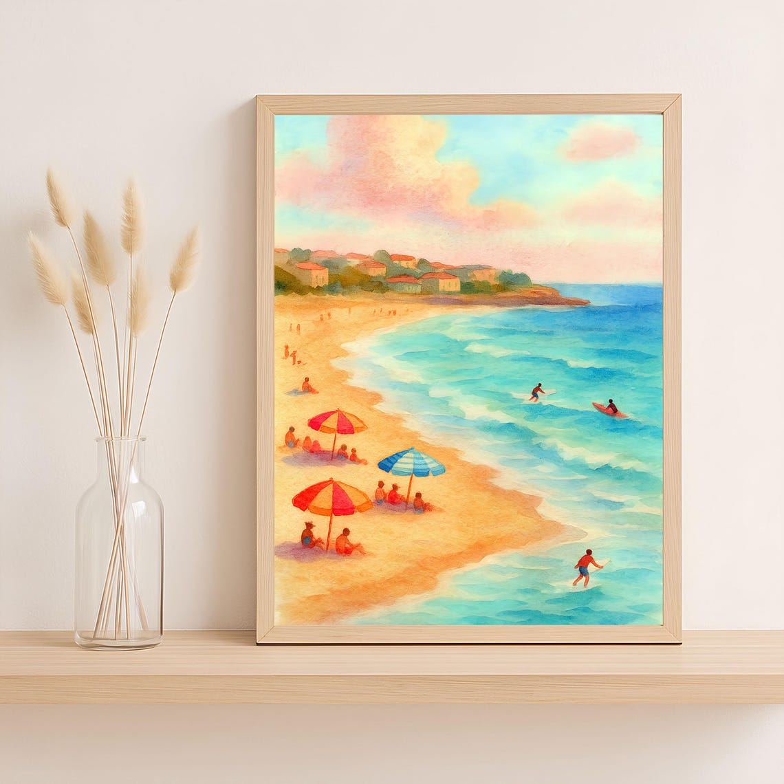 Australian Beach Umbrellas Surfers Summer Coastal Watercolor Print