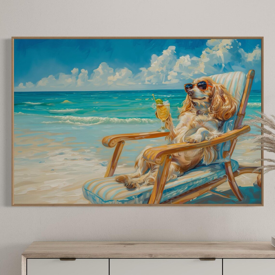 Relaxed Cocker Spaniel Lounging in Beach Chair with Cocktail Poster