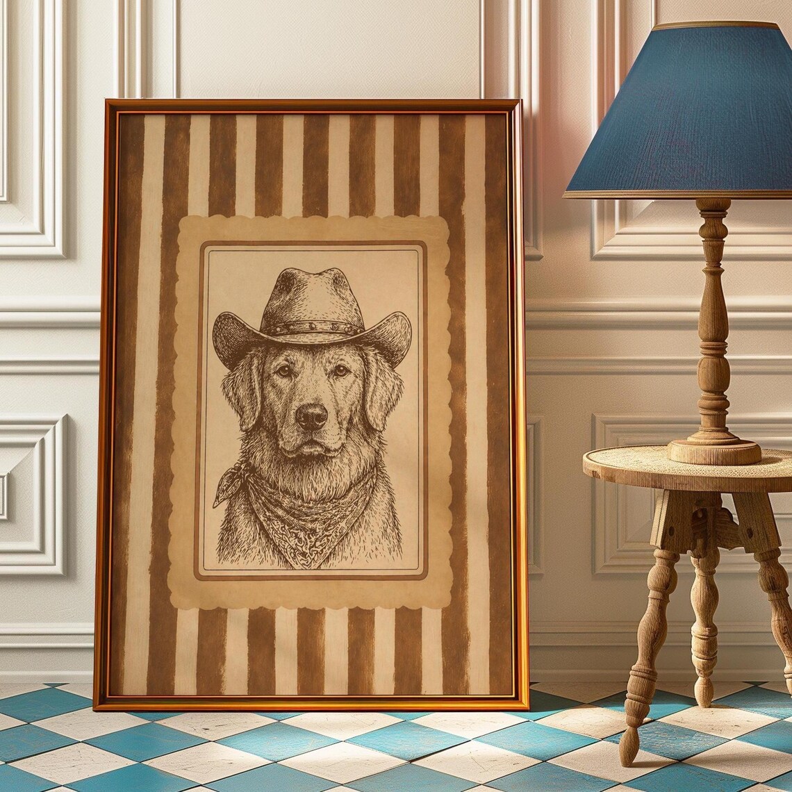 Golden Retriever Cowboy Hat And Bandana Vintage Dog Sketch Poster