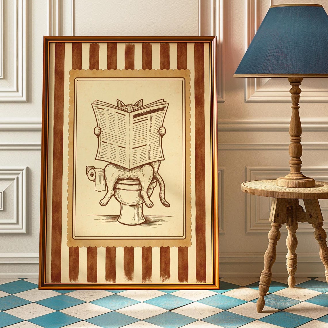 Cat Reading Newspaper on Toilet Funny Vintage Bathroom Poster