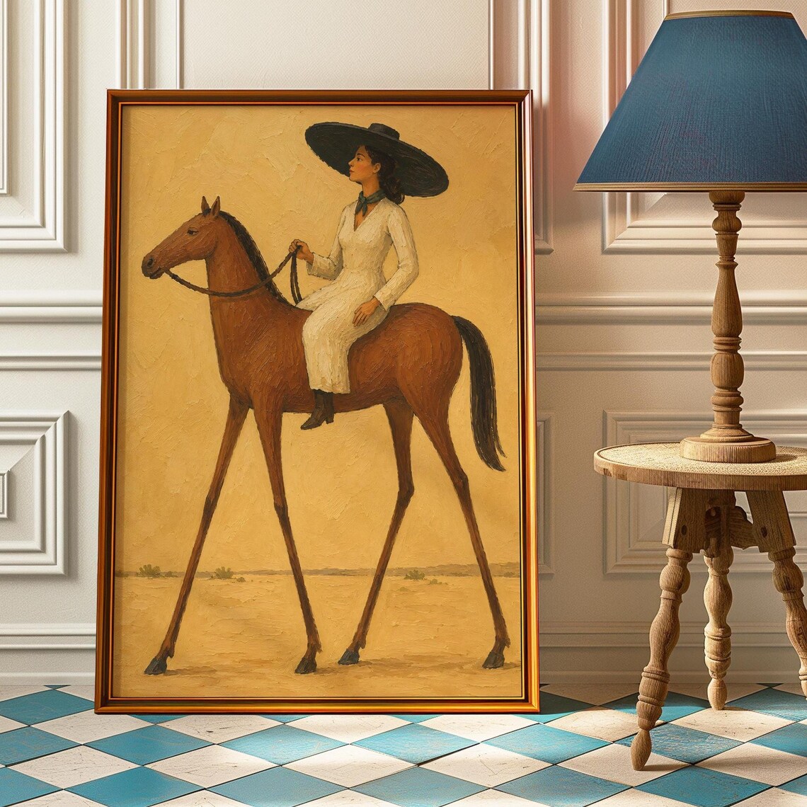 Woman On Horse Desert Poster, Folk Western Art Print