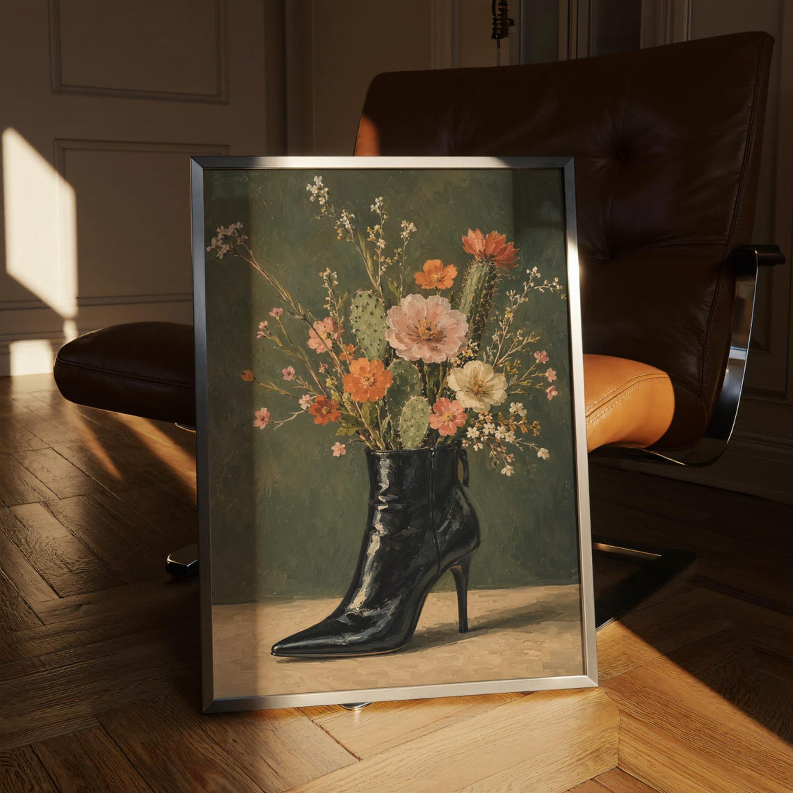 Black Ankle Boot Vase Cactus Bouquet Maximalist Oil Art Poster