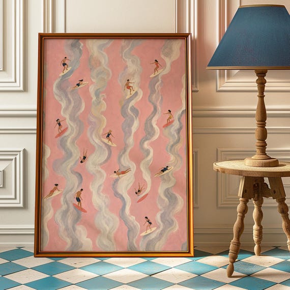 Pink Wave Surfers Poster Coastal Bathroom Wall Art Retro Surf Print