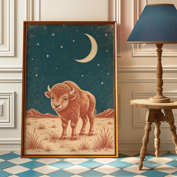 Baby Bison Nursery Poster, Vintage Linocut Print
