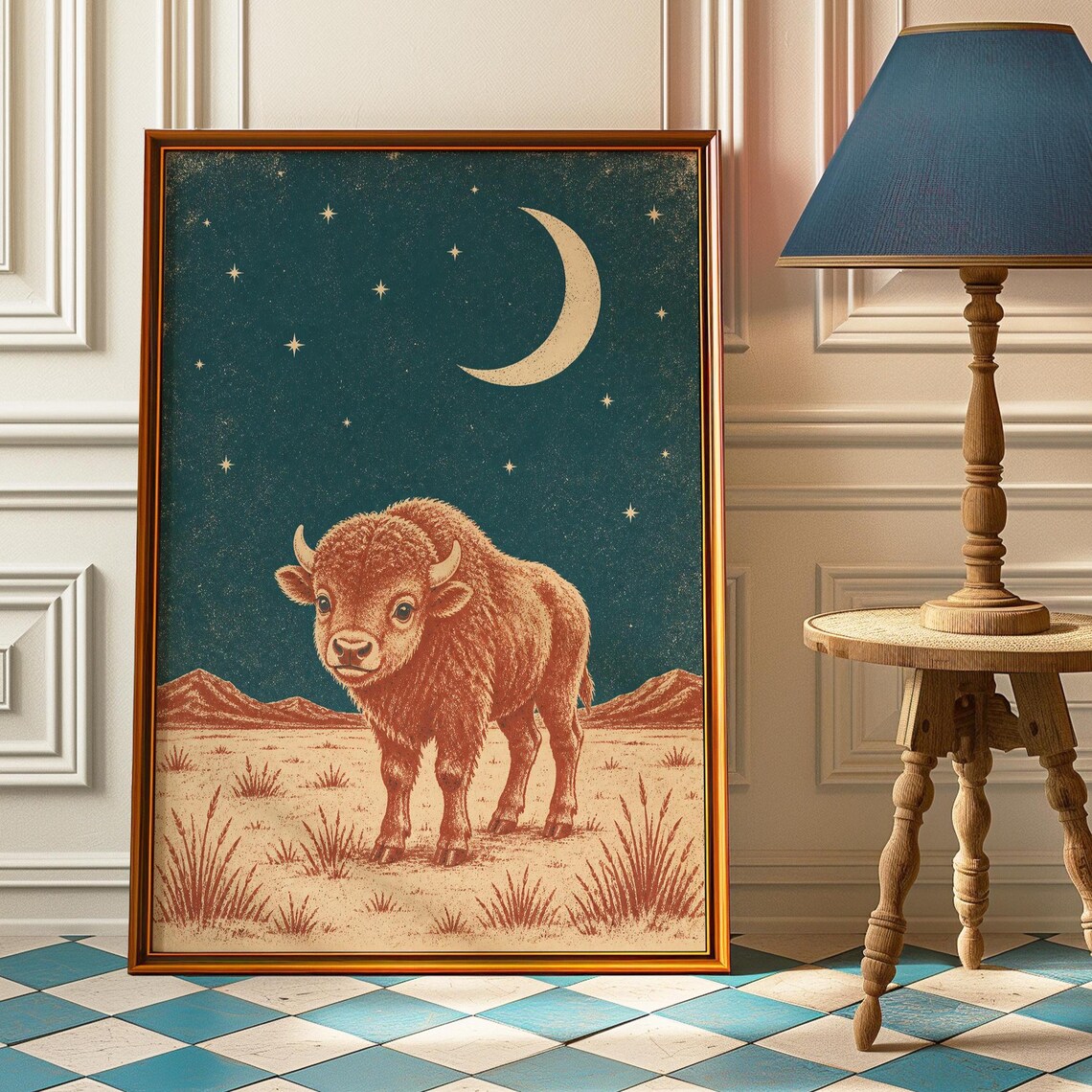 Baby Bison Nursery Poster, Vintage Linocut Print