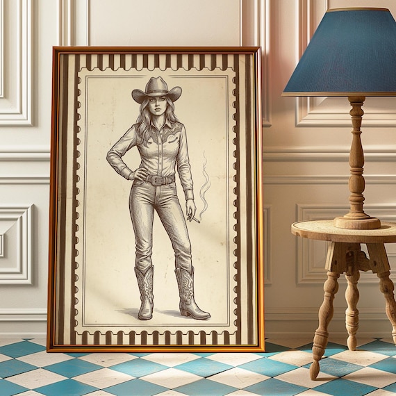 Cowgirl Smoking Poster Vintage Western Sketch Print Sassy Cowboy Boots Wall Art Country Bedroom Decor
