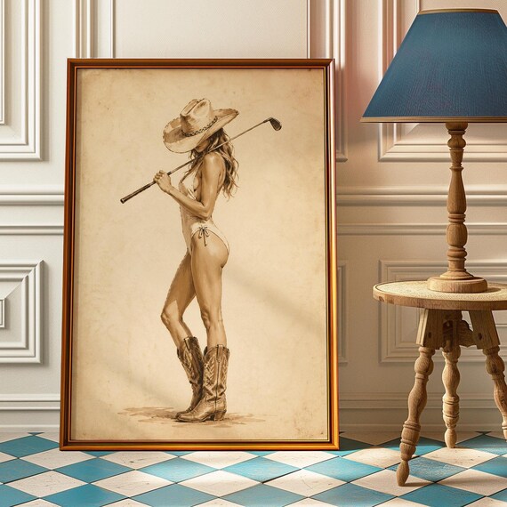 Golf Cowgirl Sepia Pinup Poster Vintage Country Club Western Art