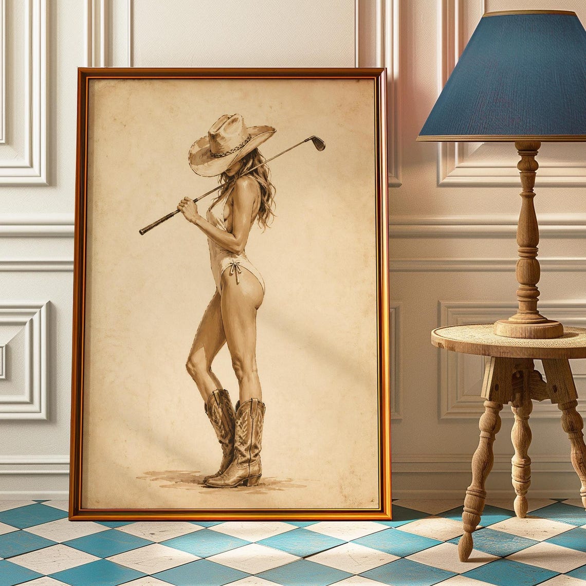 Golf Cowgirl Poster Sepia Pinup Wall Art Vintage Country Club Print Preppy Western Painting Room Decor Golfer Gift