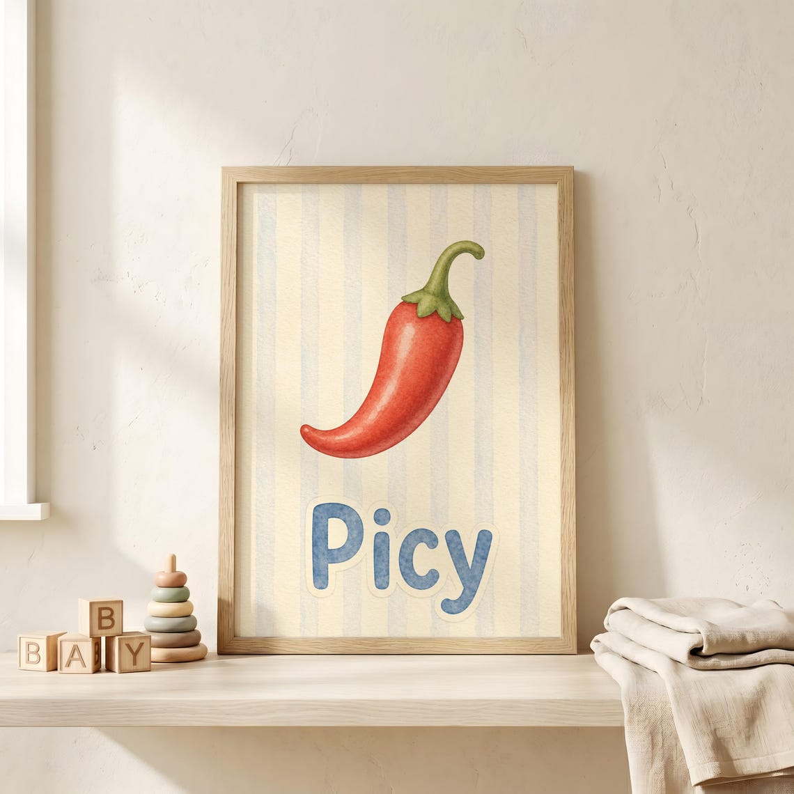 Red Chili Pepper Picy Watercolor Nursery Print for a Toddler Room