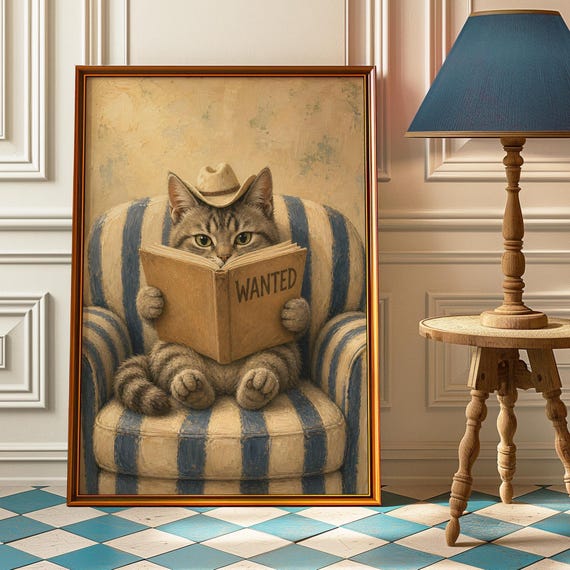 Cowboy Cat Reading Poster Funny Western Wall Art Wanted Book Print Vintage Tabby Painting Library Decor Lover Bookworm Gift