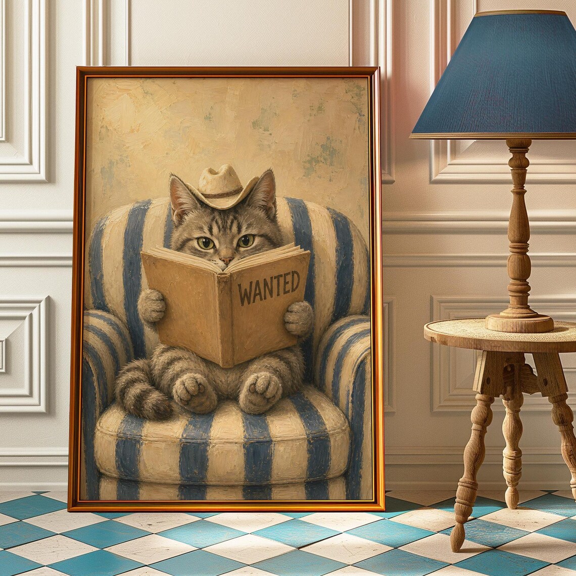 Cowboy Cat Reading Wanted Book Funny Western Decor Vintage Tabby Cat Poster