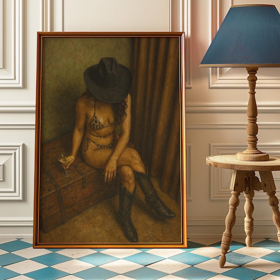 Vintage Western Sensual Cowgirl Poster Boudoir Wall Art Moody Cowboy Boots Print Rustic Saloon Bedroom Decor