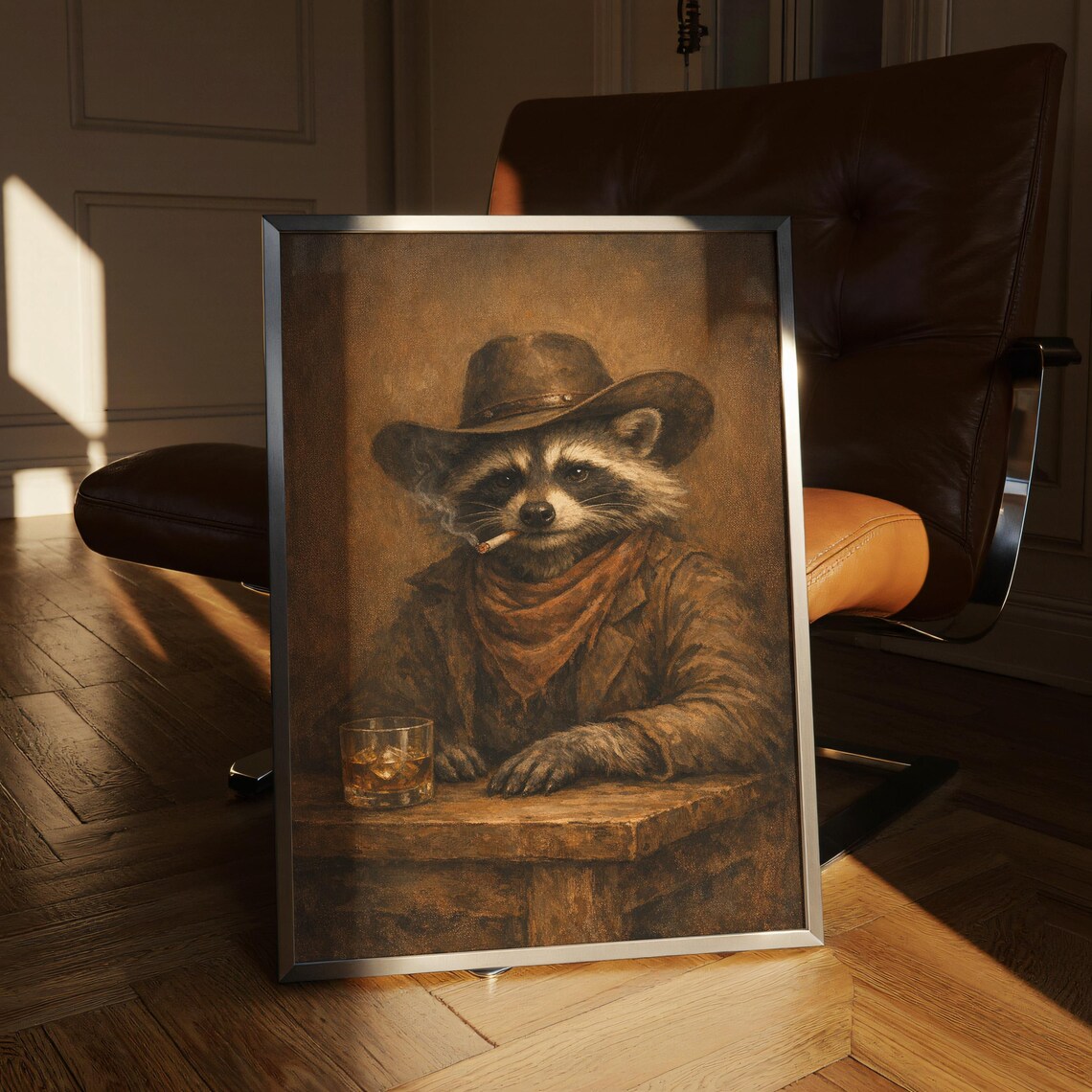 Vintage Smoking Raccoon Cowboy Moody Western Animal Wall Print