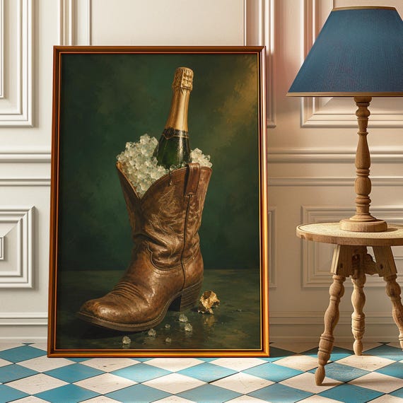 Cowboy Boot Champagne Poster Moody Bar Cart Wall Art Western Bachelorette Print