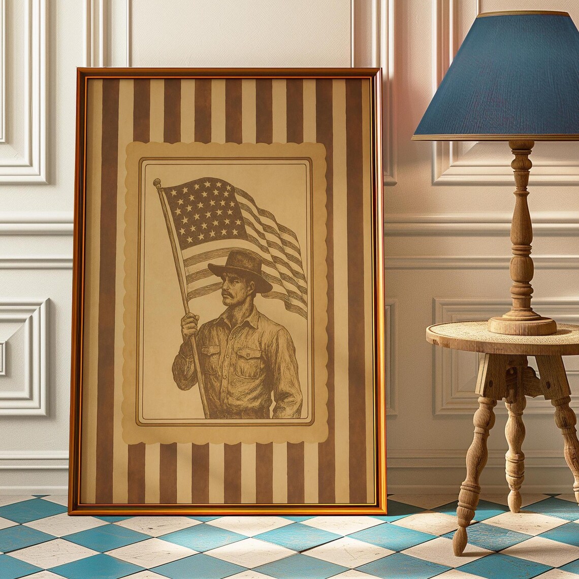Rustic Cowboy American Flag Poster, Patriotic Western