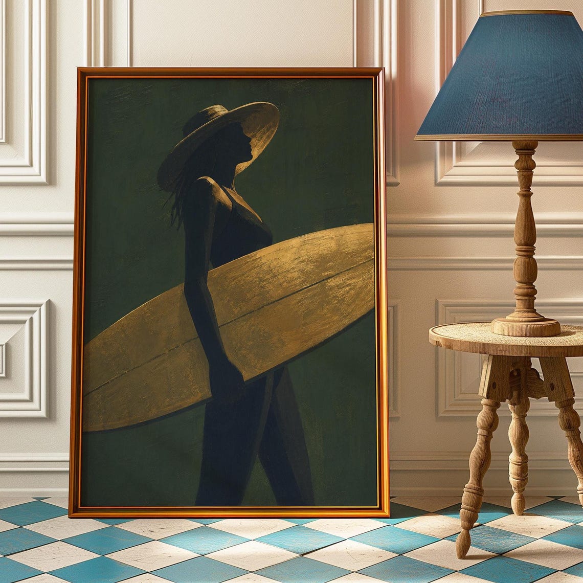 Surfer Girl Silhouette Gold Longboard Beach Boho Coastal Art Poster