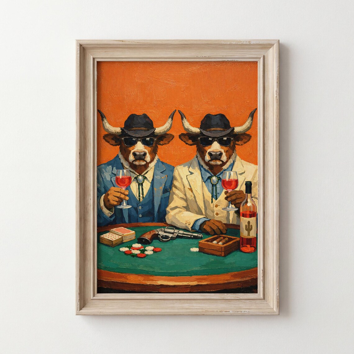 Longhorn Poker Night Funny Cowboy Bulls Western Oil Painting Poster