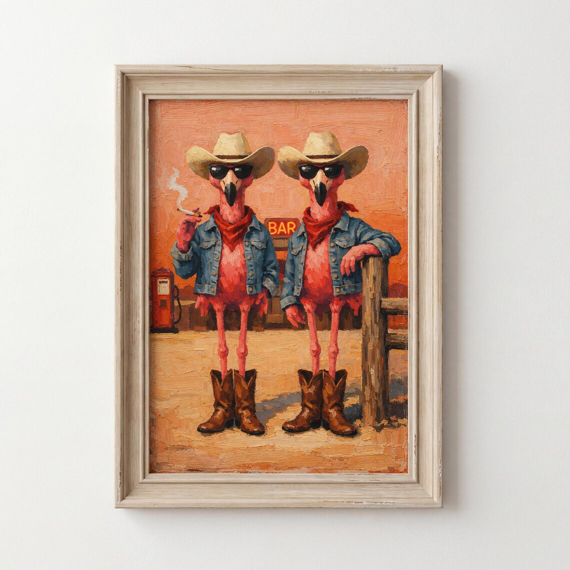 Flamingo Cowboy Duo Funny Western Oil Painting Bar Party Poster