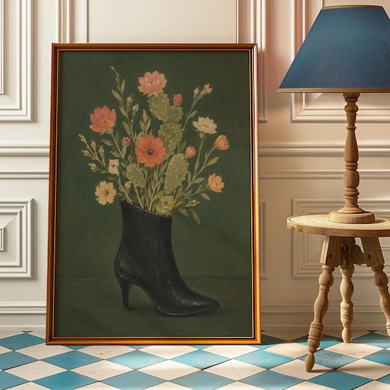 Wildflower Stiletto Boot Poster Western Floral Cactus Vintage Artwork