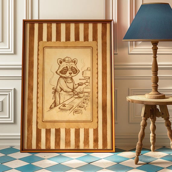 Barista Raccoon Poster Coffee Shop Wall Art Vintage Espresso Maker Print Cozy Cafe Kitchen Decor