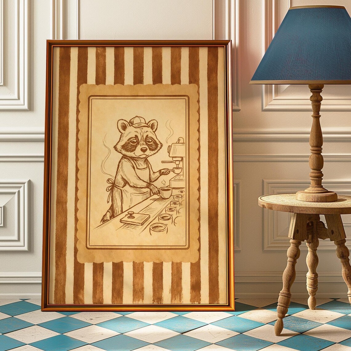 Barista Raccoon Brewing Espresso Vintage Sepia Sketch Poster