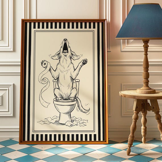 Dog On Toilet Poster Black White Bathroom Wall Art Funny Howling Print Modern Powder Room Decor