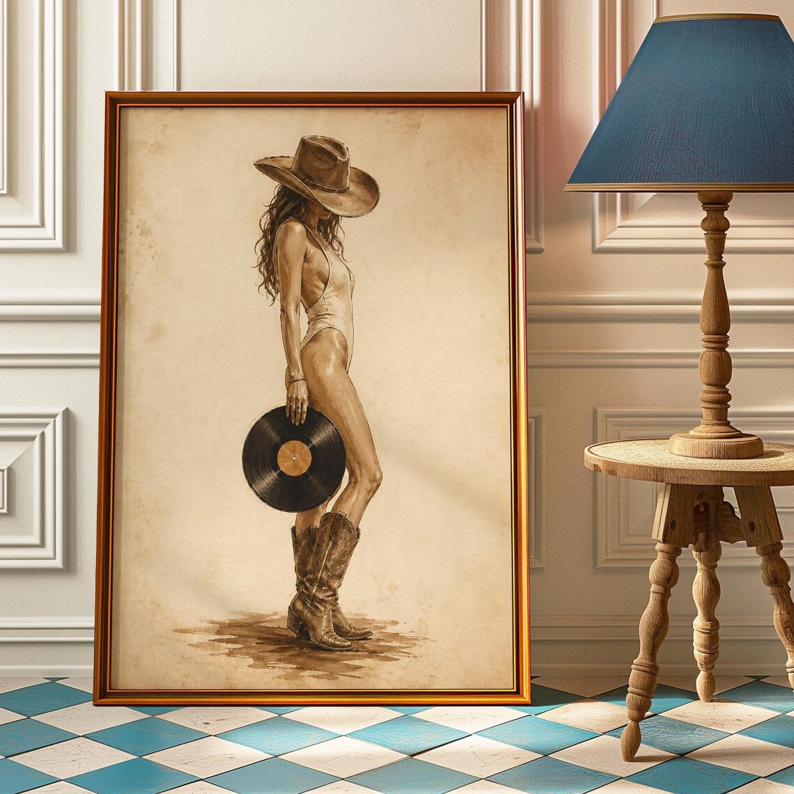 Vinyl Cowgirl Poster, Vintage Western Pinup Art Print