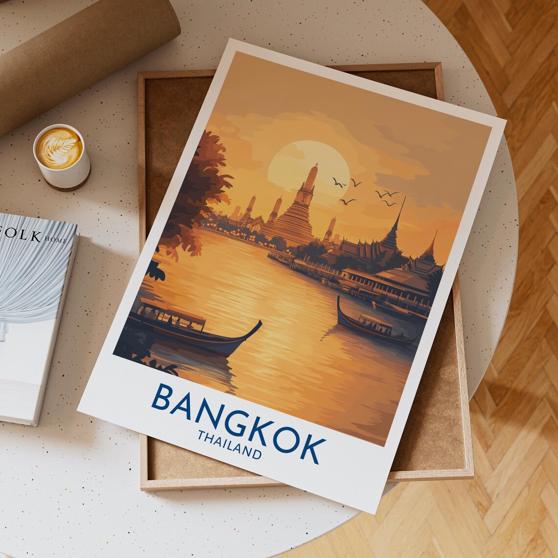 Bangkok Thailand Golden Sunset River Temple Boats Travel Poster