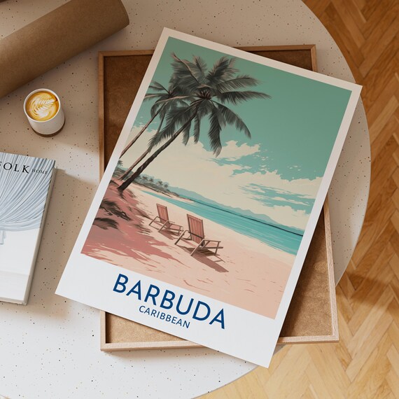 Barbuda Caribbean Palm Trees and Two Beach Chairs Ocean View Poster
